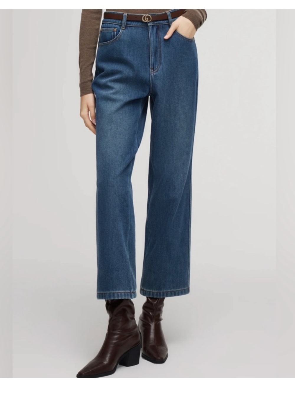 Goelia 100% Cotton Denim Fleece Lined Women Straight Ankle Length Jeans